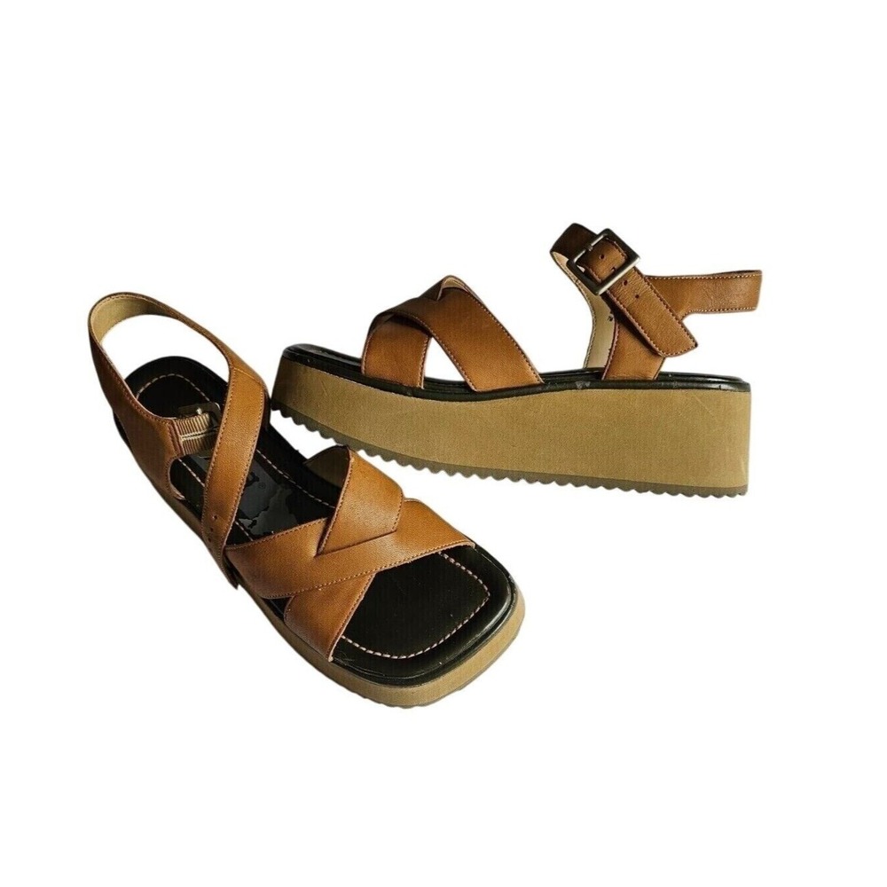 Vintage Y2K MUDD Luna Tan Strappy Leather Chunky Platform Sandals size 7‎